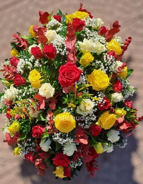 Cuscino funebere con Rose Rosse, Gialle, Arancio.