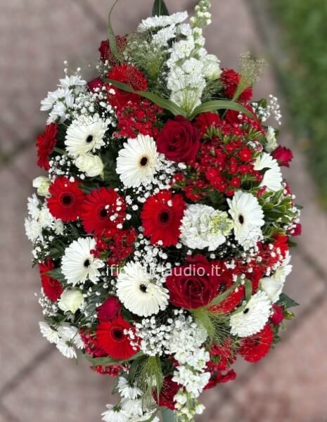 Cuscino funebere con fiori misti tonalità del Rosso e bianco 